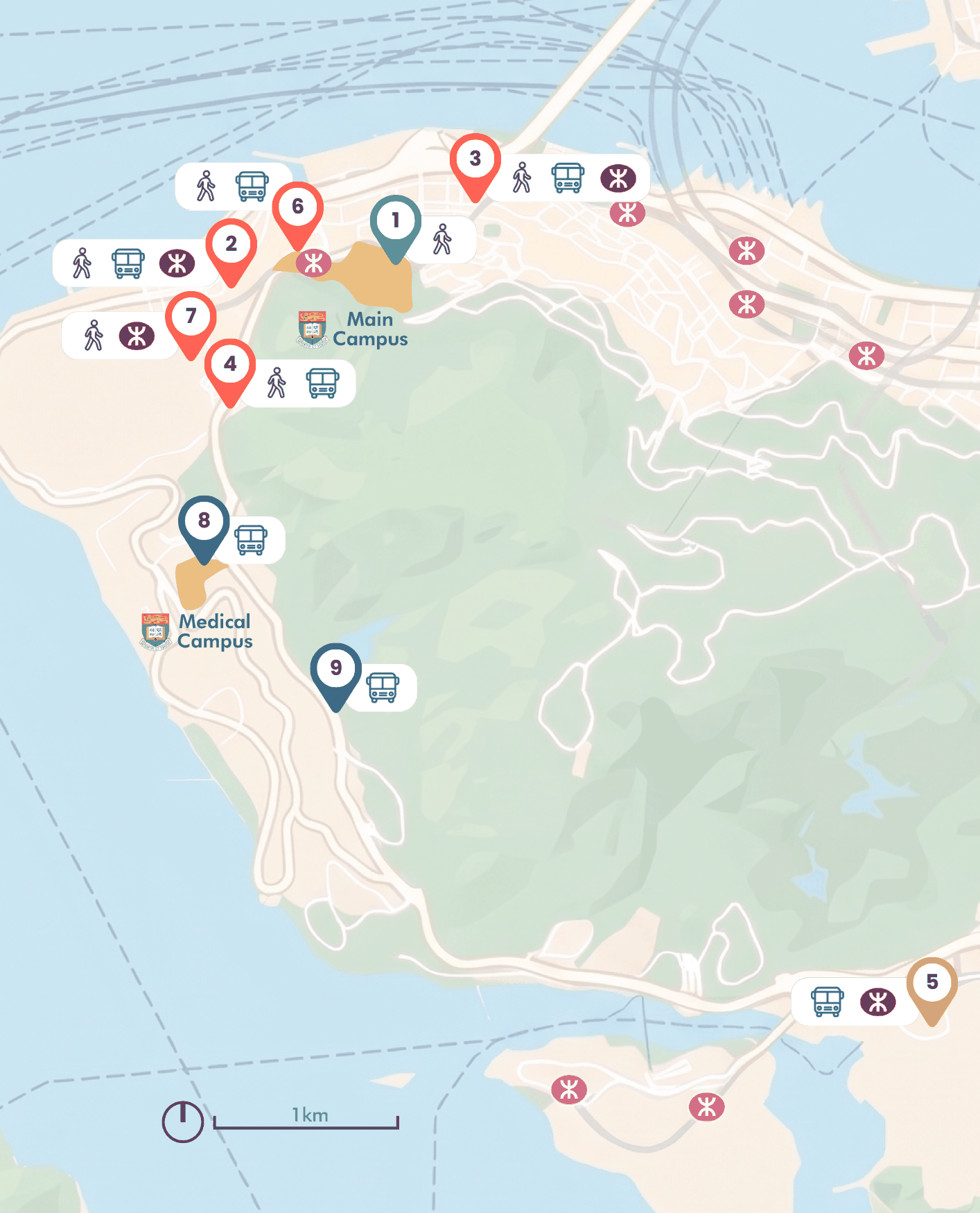 Map of HKU student residence clusters across Hong Kong Island