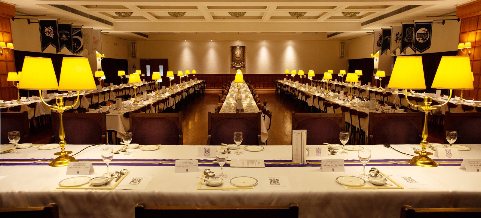 Formal dining hall laid for a High Table Dinner
