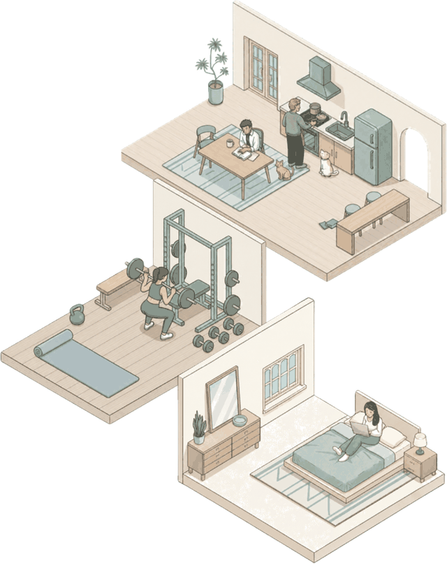 Isometric cutaway illustration of a shared student flat &mdash; kitchen, gym and bedroom