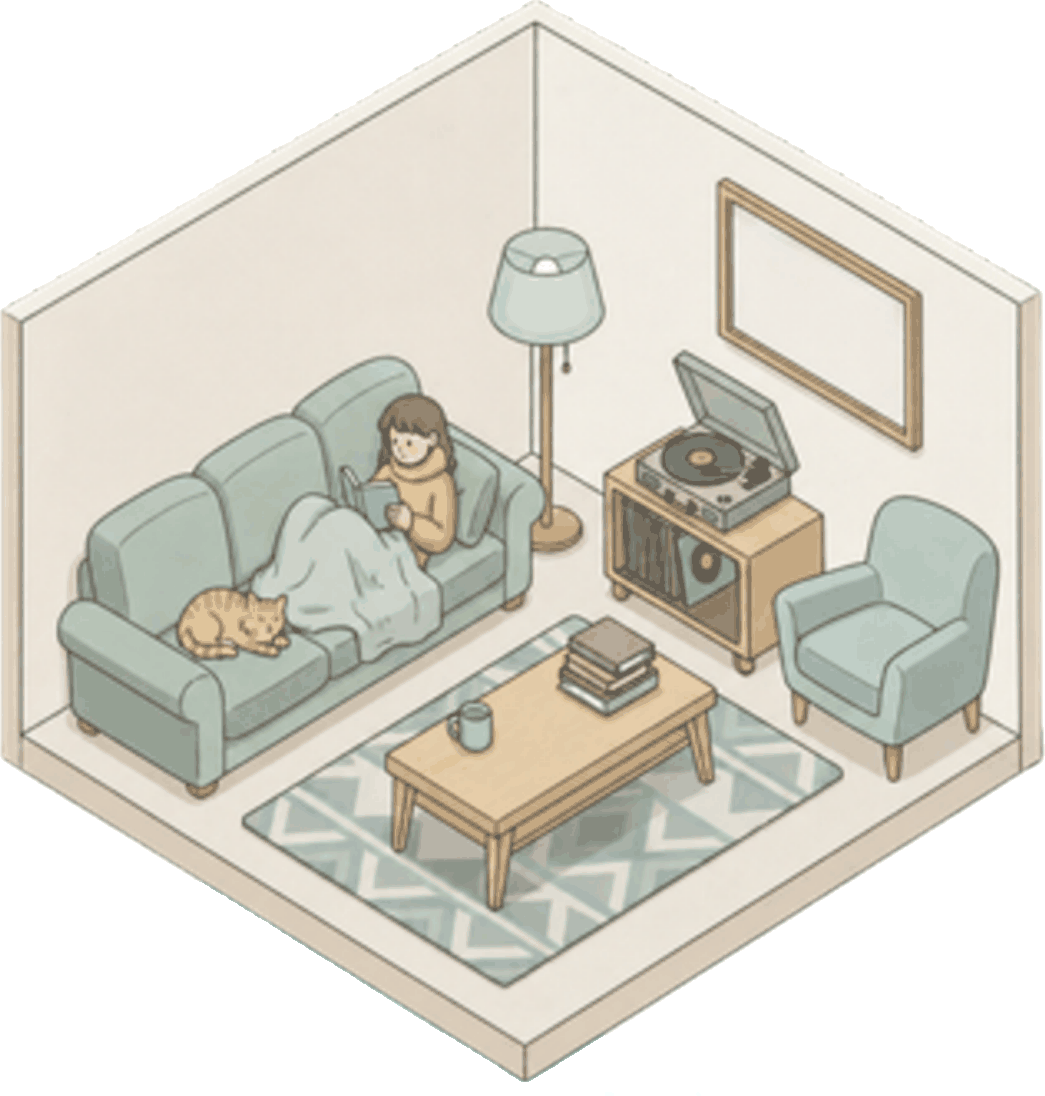 Isometric illustration of a shared living room