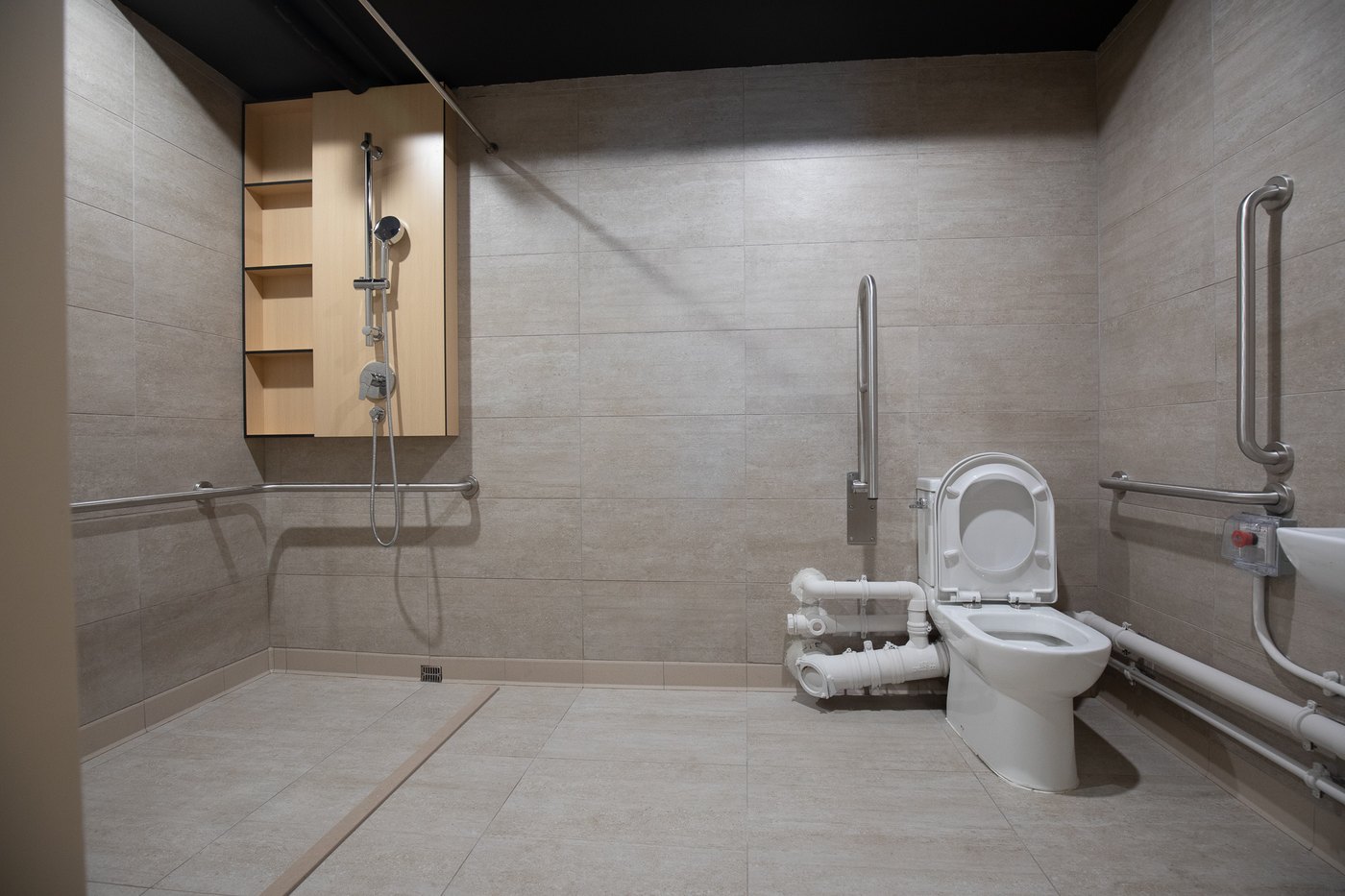 A private accessible bathroom with grab rails and a level-access shower